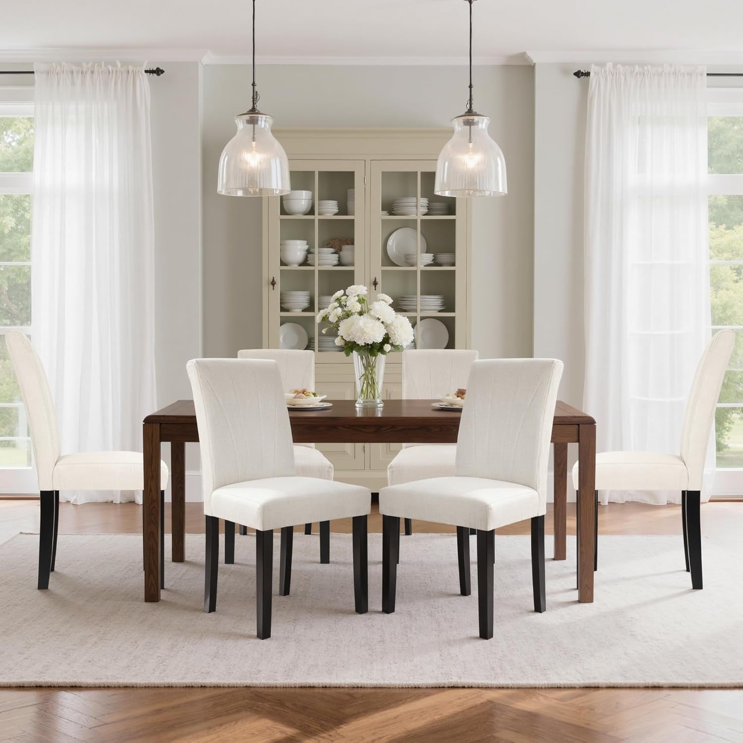 Upholstered Dining Chairs Set of 6, Modern Fabric and Solid Wood Legs & High Back, Parsons for Kitchen/Living Room- Beige