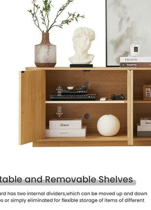 64" Wooden Fluted Sideboard Buffet Cabinet with Adjustable Shelves for Kitchen and Living Room (Natural Oak Finish)