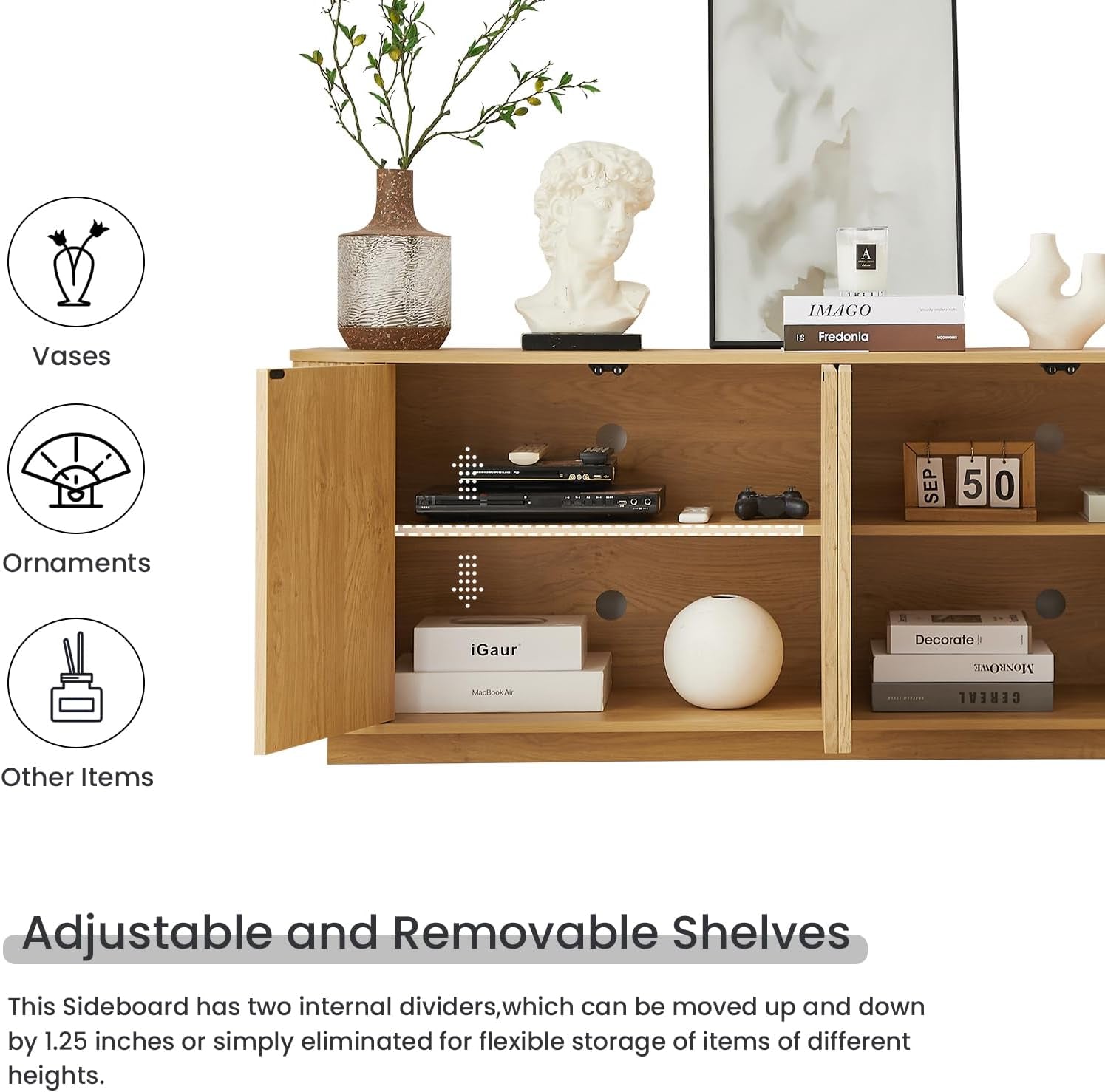 64" Sideboard Buffet Cabinet with Storage, Wooden Fluted Storage Cabinet Sideboard Credenza with Adjustable Shelves Pressed Spring for Kitchen Living Room (Natural Oak)