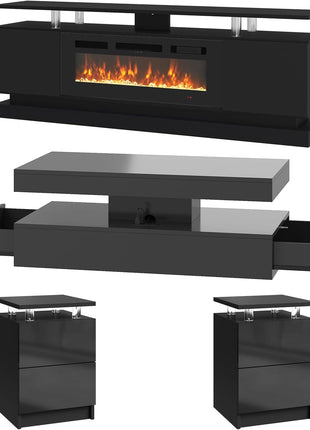 Elevate Your Living Room Aesthetic with a 4-Piece Contemporary Table Set Including a High Gloss Fireplace TV Stand, LED Coffee Table, and Two Stylish End Tables with Storage Drawers.