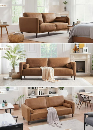 79-Inch Mid-Century Modern Faux Leather Sofa Couch with Deep Seats, Cloud Cushions, and Two Pillows - 3-Seater Loveseat for Living Room, Office, Bedroom, or Apartment in Brown