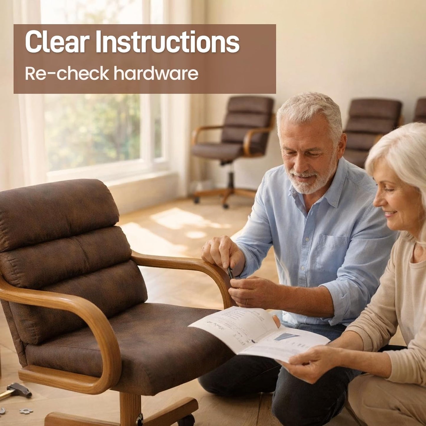 Douglas Set of 4 Swivel-Tilt Dining Chairs with Casters, Upholstered Kitchen Chairs with Wooden Arms & Metal Pedestal Base, Premium Foam Comfort, Mocha-Chestnut