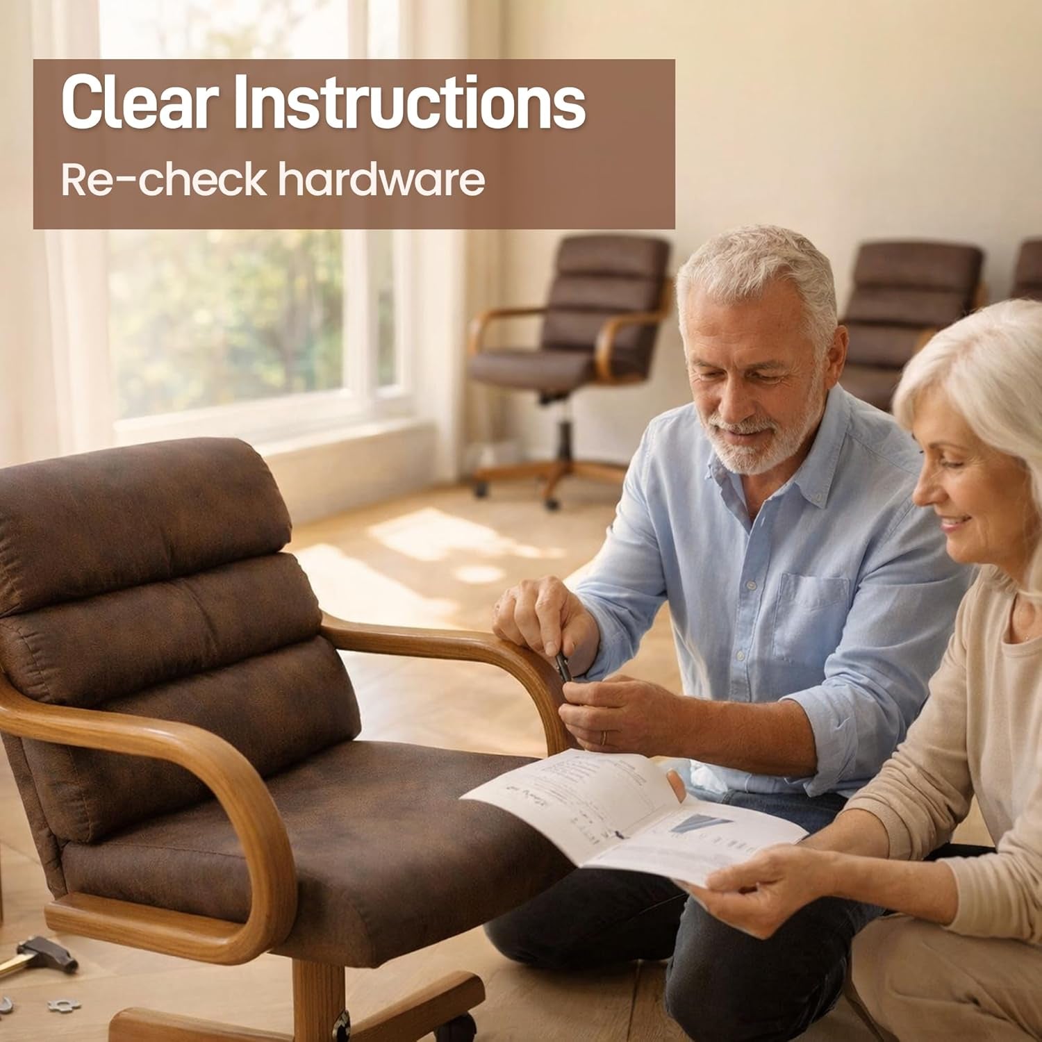 Douglas Set of 4 Swivel-Tilt Dining Chairs with Casters, Upholstered Kitchen Chairs with Wooden Arms & Metal Pedestal Base, Premium Foam Comfort, Mocha-Chestnut