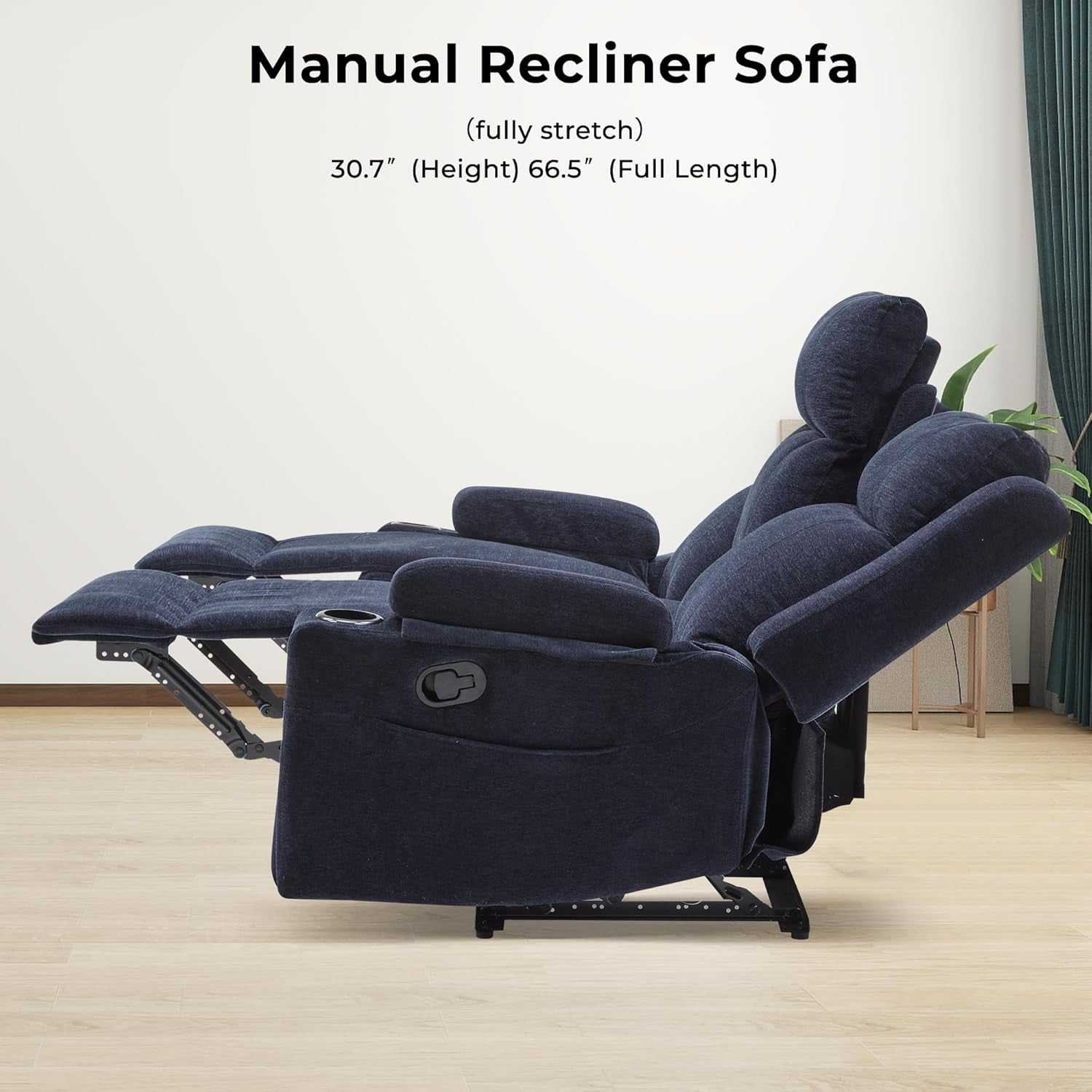 Large Manual Reclining Sofa 3-Seater Chenille Recliner Couch with Cup Holders, Wide Seat, Easy Assembly & Spill-Resistant Fabric Cozy Reclining Sofa for Living Room, Apartment, RV, Blue