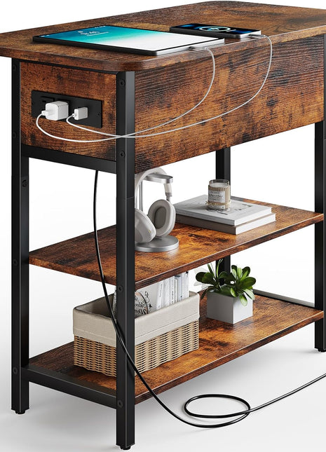 End Table with Built-in Charging Station, Flip Top Design Featuring USB Ports and Outlets, Multi-functional Sofa and Bedside Table for Living Room and Bedroom, Space-saving Nightstand with Storage Shelves