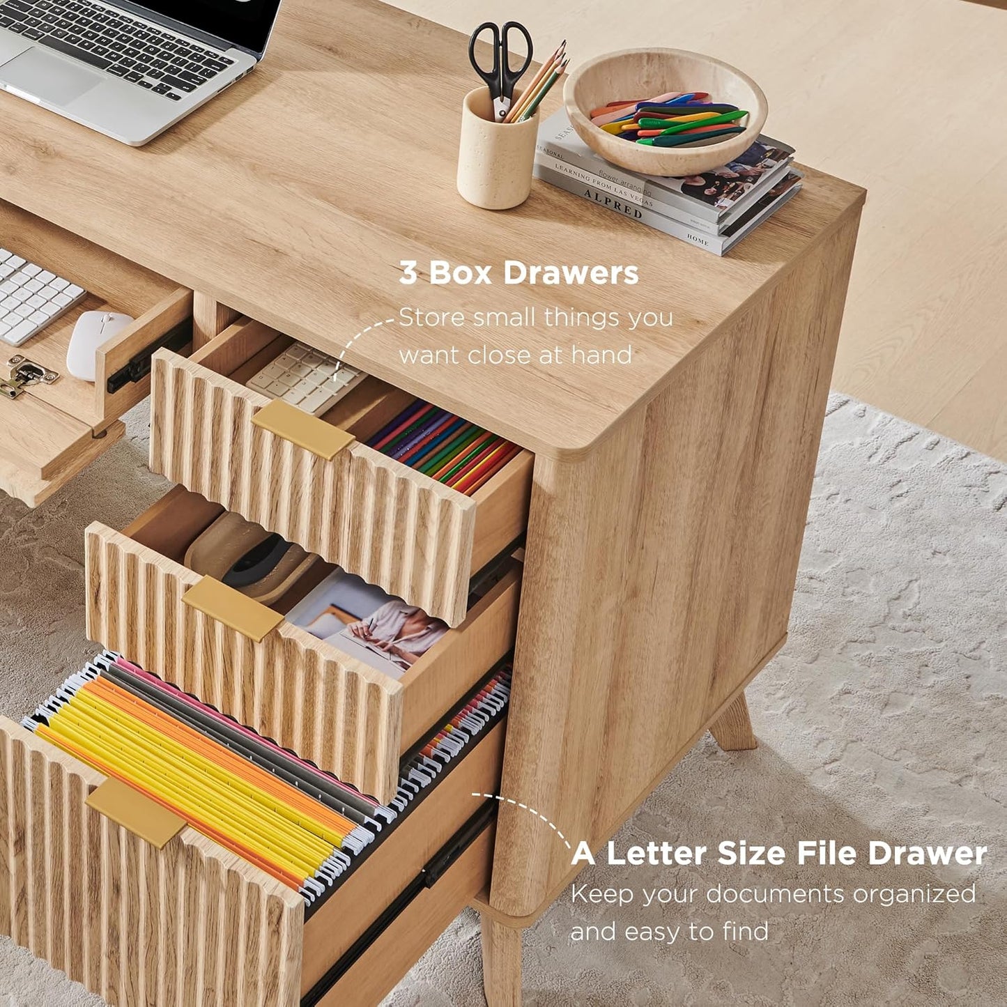 Fluted Executive Desk with Drawers, 60" Modern Home Office Computer Desk with Charging Station, File Cabinet, Keyboard Tray and Storage Cabinet for Study, Living Room, Bedroom, Natural Oak