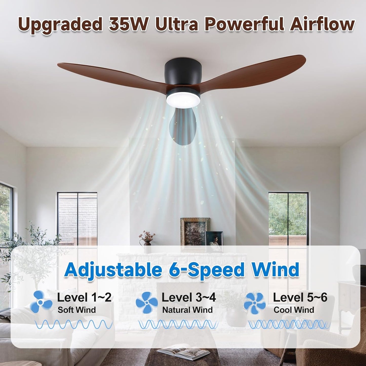Low-Profile Ceiling Fan with Light - 52 Inch Flush Mount Modern Ceiling Fans with Remote Control/App, Dimmable 3CCT, 35W DC Motor, for Indoor Bedroom Living Room