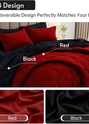 7-Piece Reversible Queen Comforter Set, All-Season Bedding Ensemble with Comforter, Flat Sheet, Fitted Sheet, Pillowcases, and Shams in Red and Black
