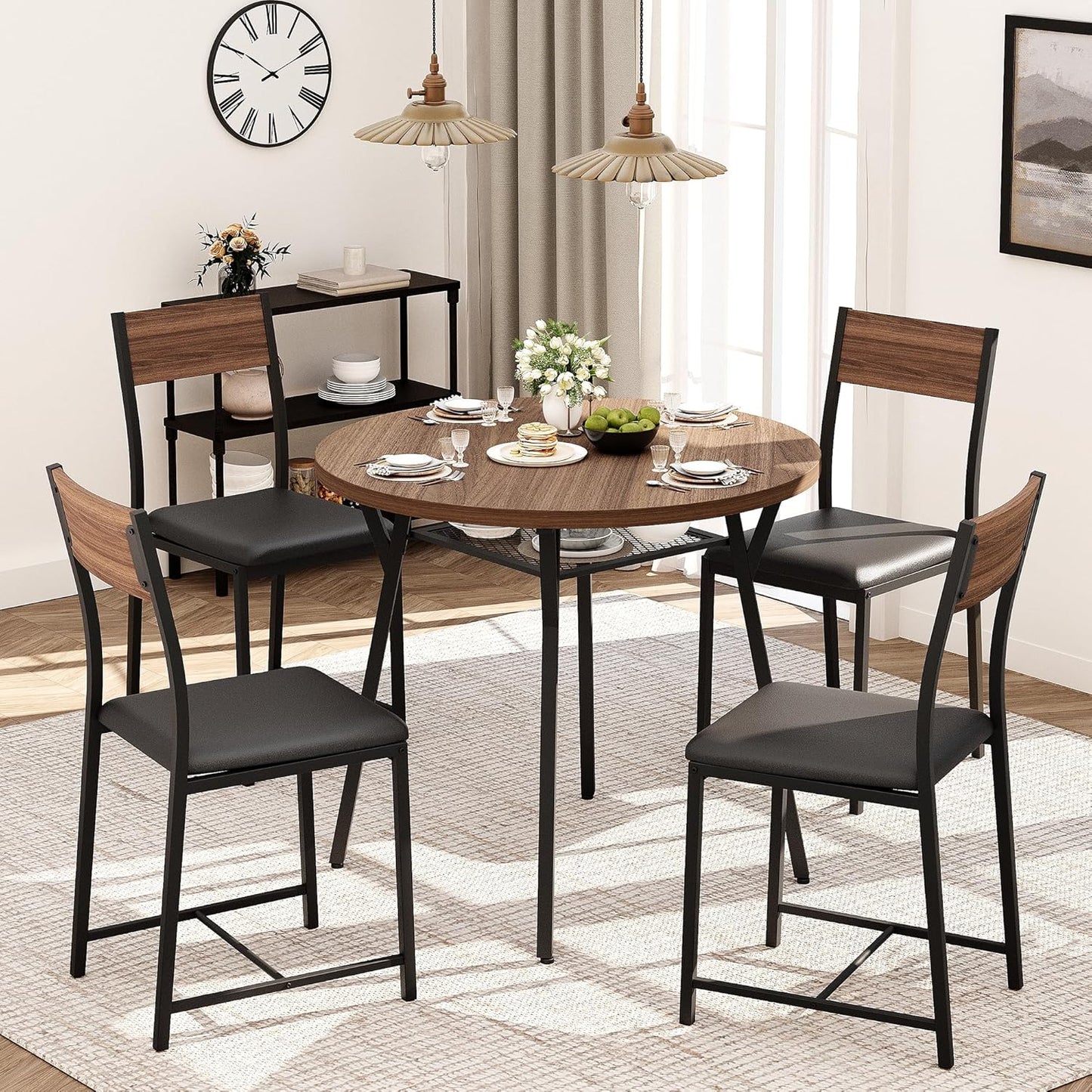 round Dining Table Set for 4, Kitchen Table and Chairs for 4, Dining Room Circle Dinner Pedestal Table, Solid Metal Frame,Space Saving Wood Small Kitchen & Dining Room Furniture,Walnut