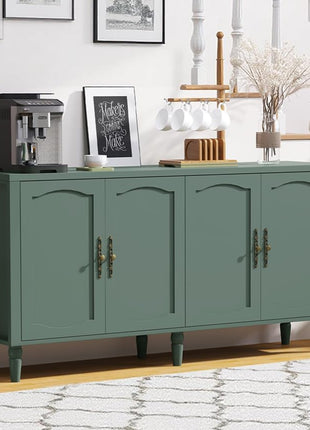 63" Mid-Century Modern Sideboard Buffet Cabinet with Carved Handles and Adjustable Shelves, Ideal for Living Room or Dining Room - Green