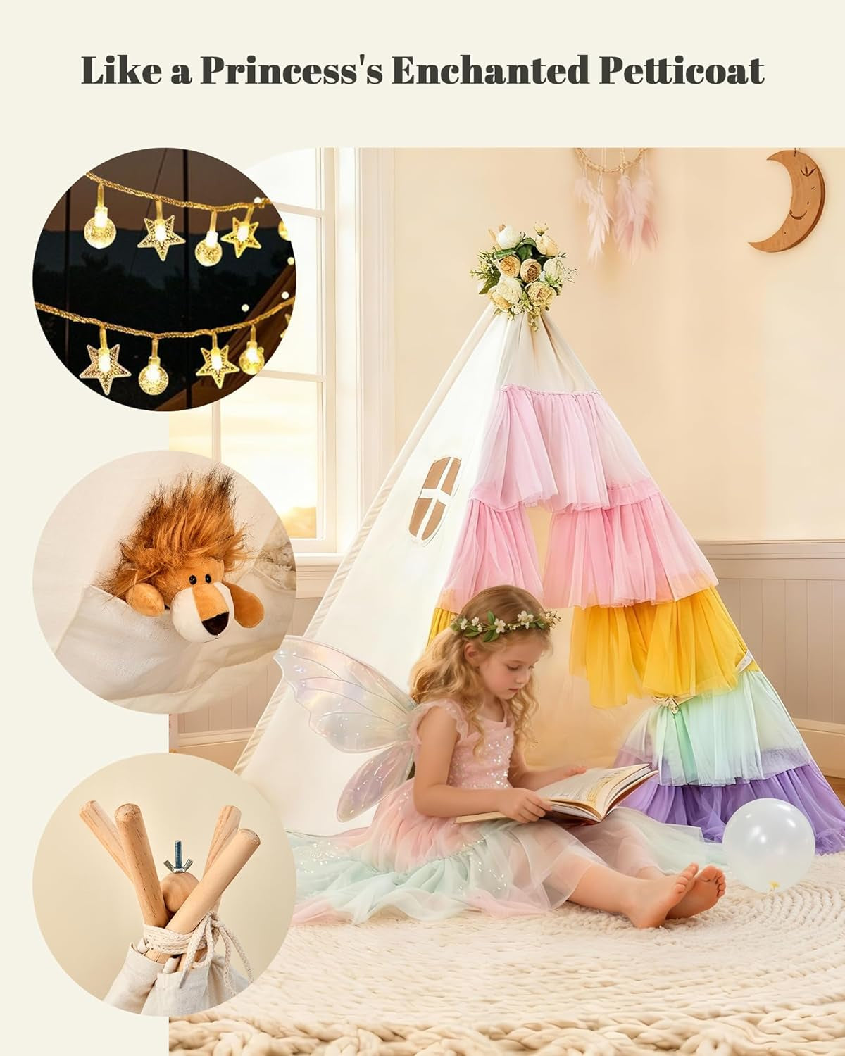 Teepee Tent for Kids, Toddler Teepee with Star Lights & Rainbow Tulle, Girls Princess Play Tent, Foldable Kids Teepee Tent for inside Playhouse Kid Toy Gift