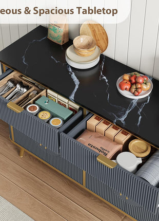 47.2" Modern Fluted Buffet Storage Cabinet with 2 Drawers and Adjustable Shelves, Navy Blue Kitchen Sideboard for Dining Room, Living Room, and Hallway