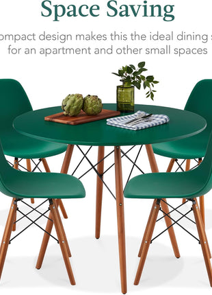 5-Piece Mid-Century Modern Dining Set Featuring Compact Table and Four Chairs in Dark Green and Walnut Finish with Plastic Seats, Wooden Legs, and Metal Frame