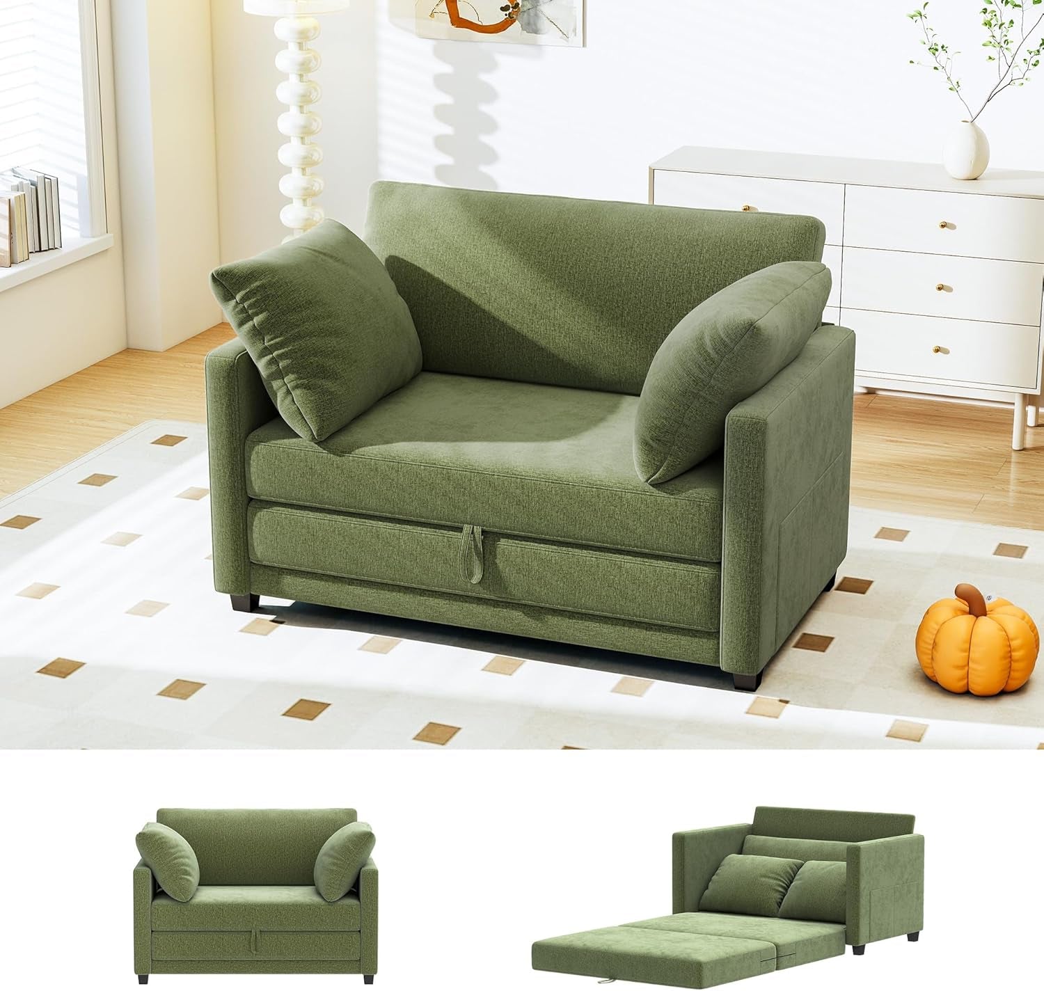 51" Convertible Loveset Sof Bed, 2 In1 Folding Sof Bed, Loveset Sleeper Sof for Smll Spces, Fold Out Floor Couch with 2 Pillows for prtment, Living Room & Guest Room, Green Chenille Fbric