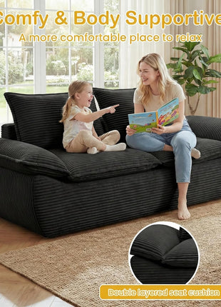 59-Inch Boneless Loveseat Sofa - Black 2-Seater with Removable Cushions and 2 Pillows, Compact Foam Couch for Living Room, Apartments, and Office