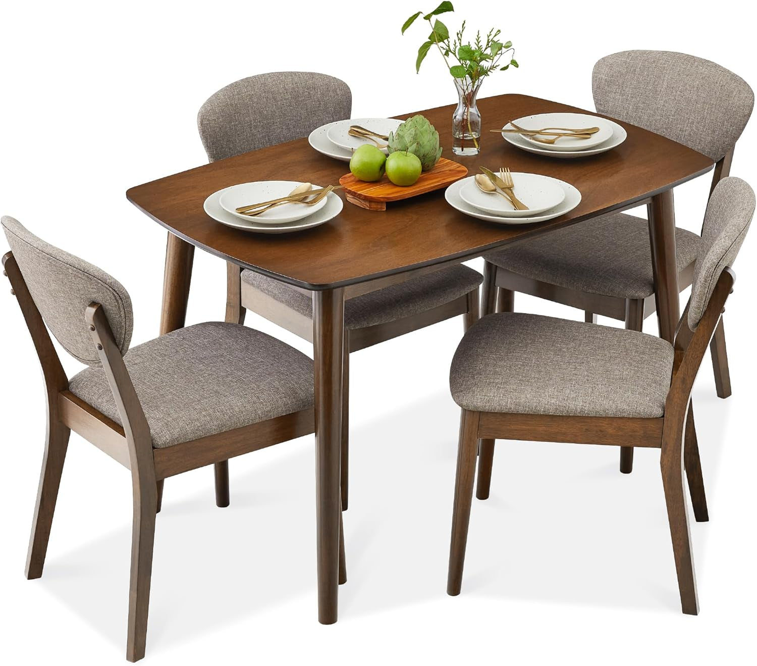 5-Piece Dining Set, Compact Mid-Century Modern Table & Chair Set for Home, Apartment W/ 4 Chairs, Padded Seats & Backrests, Wooden Frame - Walnut/Light Gray