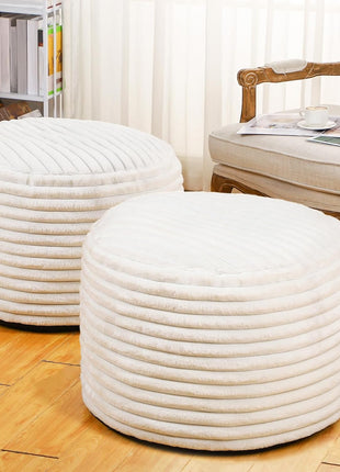 Set of 2 Unstuffed Pouf Covers - 26 x 18 Inch Faux Rabbit Fur Ottoman Foot Rest for Living Room and Bedroom Decor (Beige)