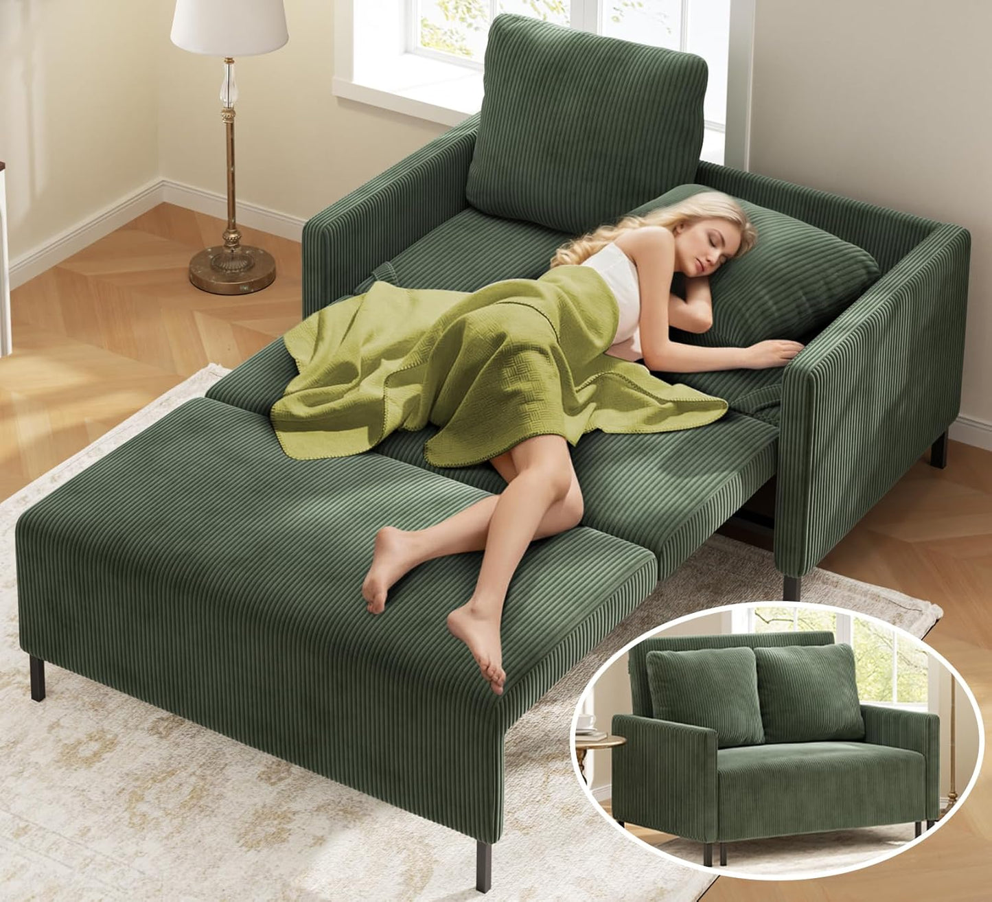 Corduroy Convertible Sofa Bed, 47" Loveseat Sleeper Sofa, Pull Out Couch 618Lb Capacity, Modern Sleeper Couch Bed 2 Fluffy Pillow Include, Small Couches for Small Spaces/Apartment/Office, Forest Green