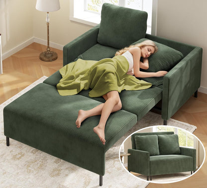 Corduroy Convertible Sofa Bed, 47" Loveseat Sleeper Sofa, Pull Out Couch 618Lb Capacity, Modern Sleeper Couch Bed 2 Fluffy Pillow Include, Small Couches for Small Spaces/Apartment/Office, Forest Green