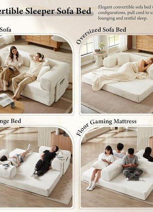 Oversized White Corduroy Futon Sofa Bed - Elegant Boneless Folding Couch for Living Room