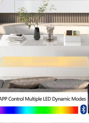 47.3-Inch High Gloss LED Coffee Table with Dual Storage Drawers, Modern Black and White Design for Living Room, App-Controlled LED Lighting