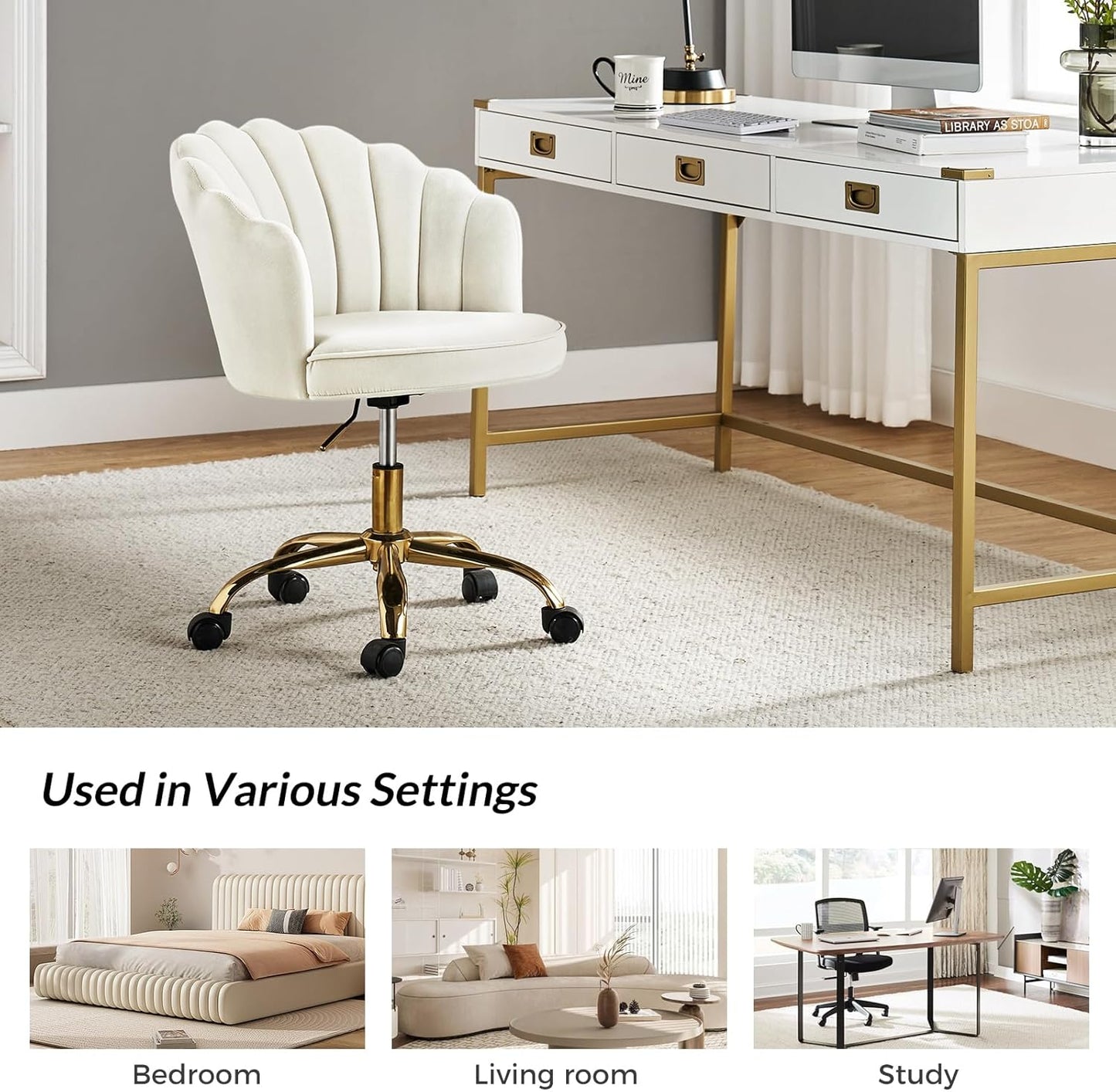 Velvet Home Office Desk Chair with Gold Base, Adjustable Swivel Task Chair for Vanity, Women'S Modern Cute Shell Back Upholstered Design, for Living Room, Ivory