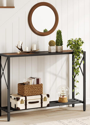 41.8-Inch Industrial Console Table with Two-Tier Shelving for Entryway, Living Room, and Office in Rustic Brown and Black