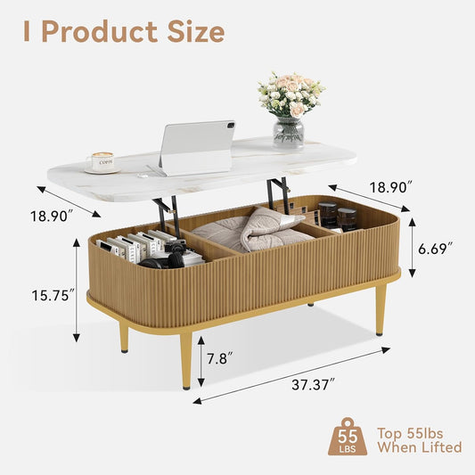 Lift Top Coffee Table for Living Room, Modern Oak Fluted Coffee Table with Hidden Storage, Rectangle Center Table with Faux Marble Flip-Top, Small Dining Table for Home, Office, Natural