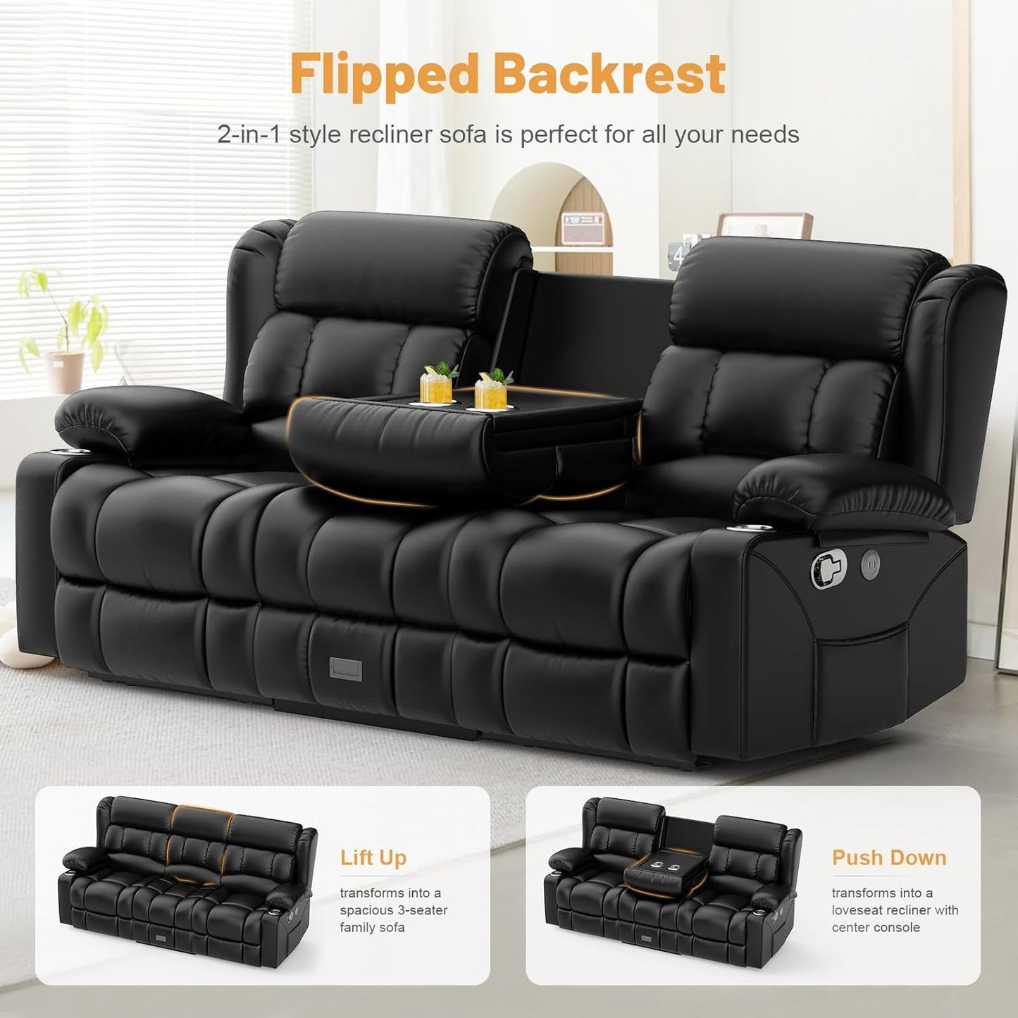 Loveseat Recliner Sofa, Flip Middle Backrest Design PU Leather 3 Seat Reclining Sofa with Storage Drawer, Manual Couch for Living Room/Rv (Black, PU)