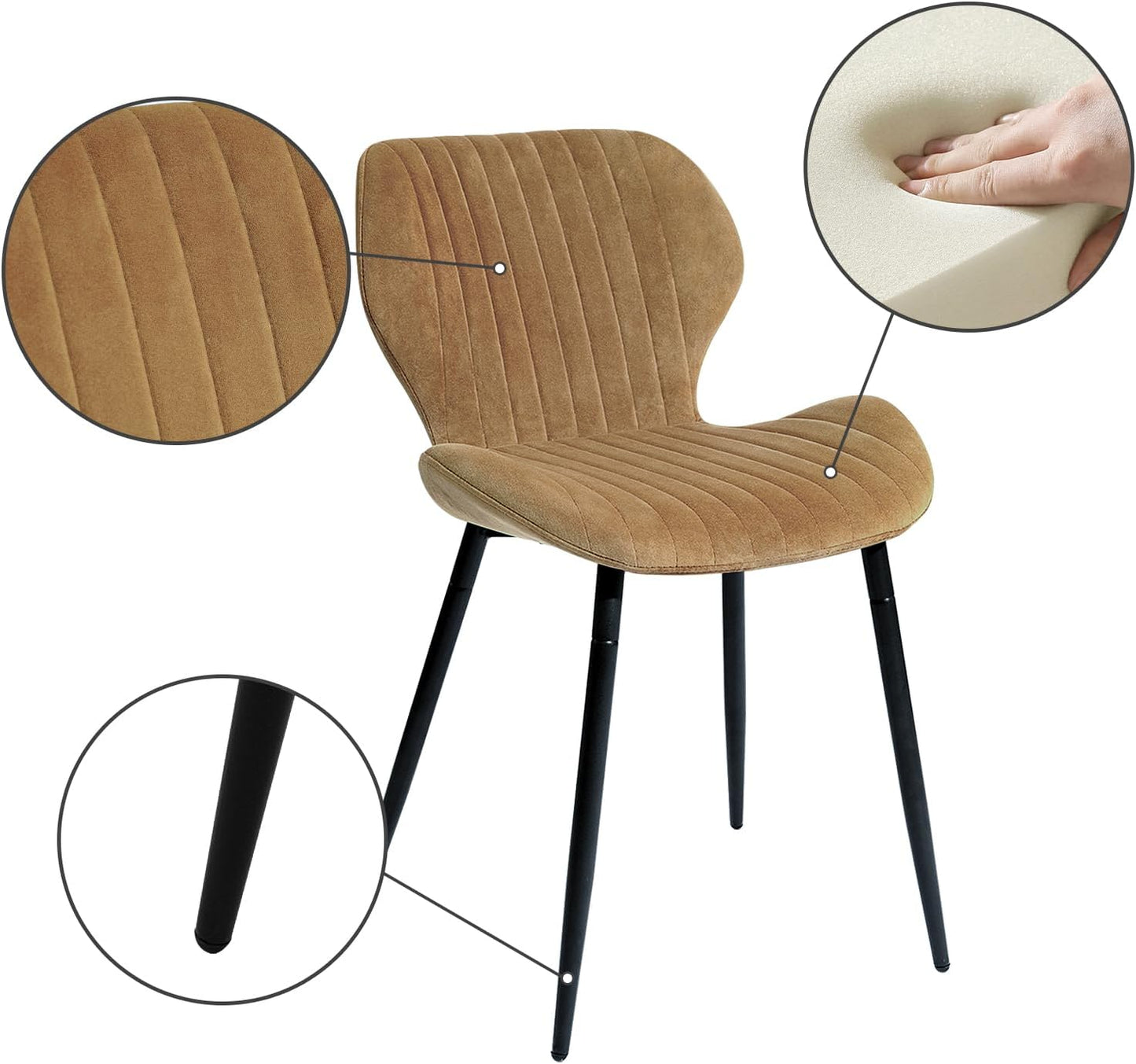 Modern Velvet Dining Chairs Set of 4, Modern Kitchen Chairs Comfortable Upholstered Armless Accent Dining Room Chairs with Metal Legs for Kitchen, Living Room, Yellowish Brown