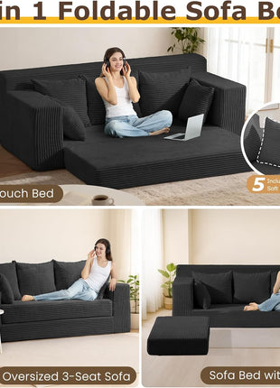 Elegant 3-Seater Convertible Futon Sofa Bed for Living Room, Featuring Comfy Pull-Out Design, 5 Pillows, Detachable Washable Cover, Upholstered in a Box, No Assembly Required, Black