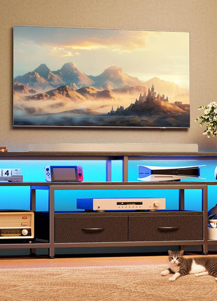 63-Inch LED TV Stand for 65-70 Inch Televisions, Modern Entertainment Center with Open Shelves and Power Outlets, Media Console with Drawers in Black