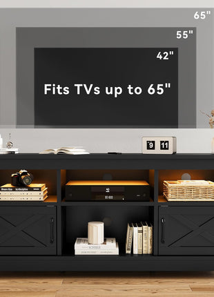 65-Inch Black Farmhouse TV Stand with LED Lighting and Integrated Power Outlet, Stylish Entertainment Center with Storage for Living Room
