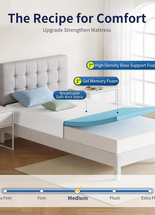 8-Inch Medium Firm Gel Memory Foam Mattress - CertiPUR-US Certified, Pressure Relief, Cooling Ventilation, Washable Removable Cover, Bed-in-a-Box - White