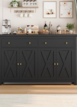 55-Inch Sideboard Buffet Cabinet with Storage Solutions, Including 2 Drawers and 4 Doors, Wood Coffee Bar Buffet Table for Kitchen and Dining Room in Black Finish