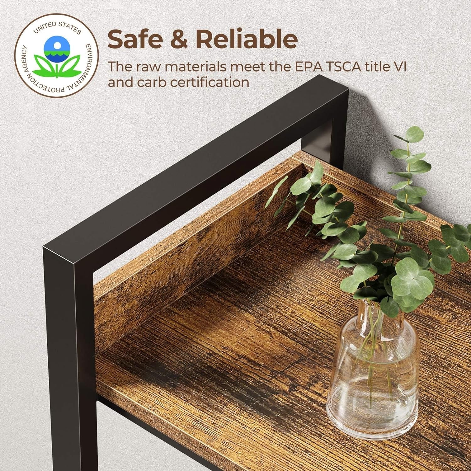 Bookshelf 5 Tier with 4 Hooks, Reversible Corner Bookshelf, 65" Industrial Wooden Bookcase with Open Shelves and Metal Frame for Living Room, Bedroom, Home Office, Rustic Brown