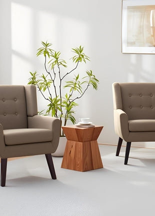 Set of 2 Mid-Century Modern Upholstered Accent Chairs with Button-Tufting and Wooden Legs, Linen Fabric, Brown - Ideal for Living Room and Bedroom