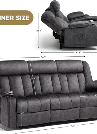 Manual Recliner Chair Set - Upholstered Fabric Reclining Sofa with Cup Holders and Side Pockets for Living Room (3+1)