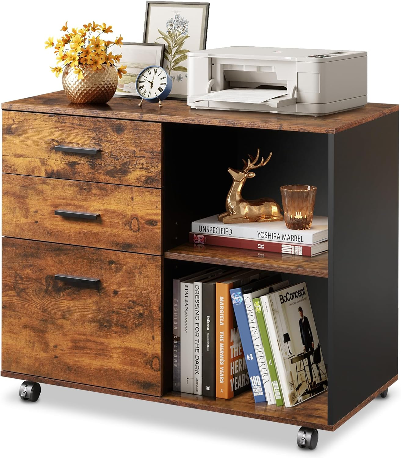 3 Drawer Mobile File Cabinet, Wood Lateral Filing Cabinet, Printer Stand with Open Shelves for Home Office, Rustic Brown