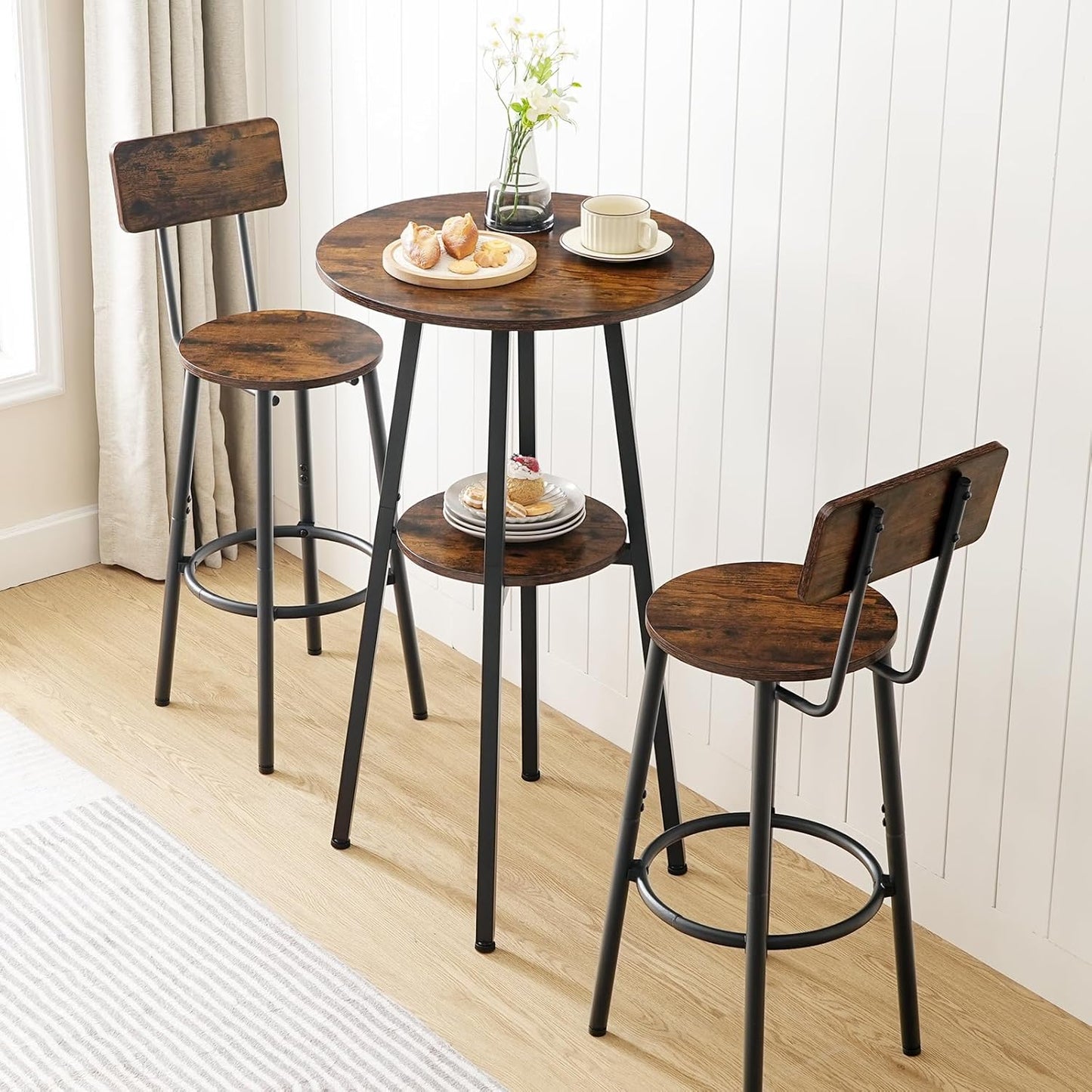 3 Pieces round Bar Height Table and Chairs Set, round Dining Table Set, Pub Table and Chairs for Small Space, 2 Tier Kitchen Table and Bar Stools with Back, Rustic Brown BF35BT01