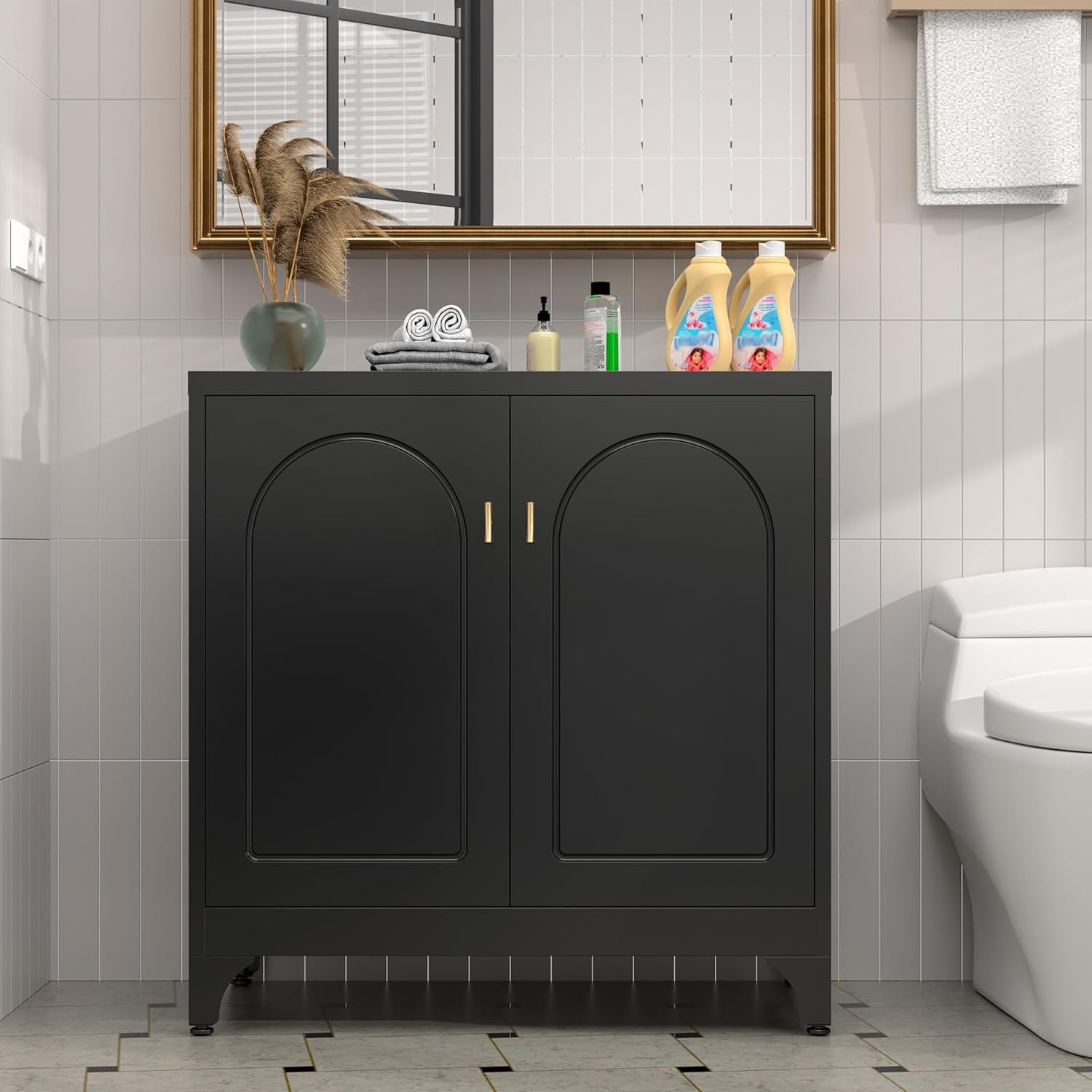 Kitchen Buffet with Storage, Metal Buffet Table with Doors and Adjustable Shelves, 33" Tall Kitchen Sideboard, Modern Coffee Bar Console Cabinet for Living, Dining Room,Black, Assemble Required