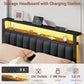 Queen Bed Frame with Charging Station and LED Lights, Grey Upholstered Headboard with Shelves, Metal Platform Bed with 2 Under-Bed Storage (Fabric Drawer on Wheels), No Box Spring Needed