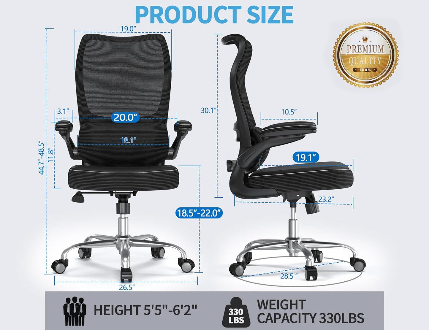 Ergonomic Office Chair - Desk Chair with Wave High Back Adjustable Lumbar Support Computer Chair - Gaming Chairs Mesh Backrest and PU Leather Seat for Home Reading Chairs to Adults(Black)