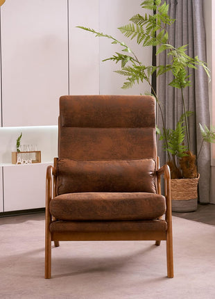 Karl Mid-Century Modern Accent Chair with Pillow, High Back Bronzing Fabric Upholstery, Solid Wood Frame, and Plush Cushion for Living Room, Bedroom, or Balcony - Brown