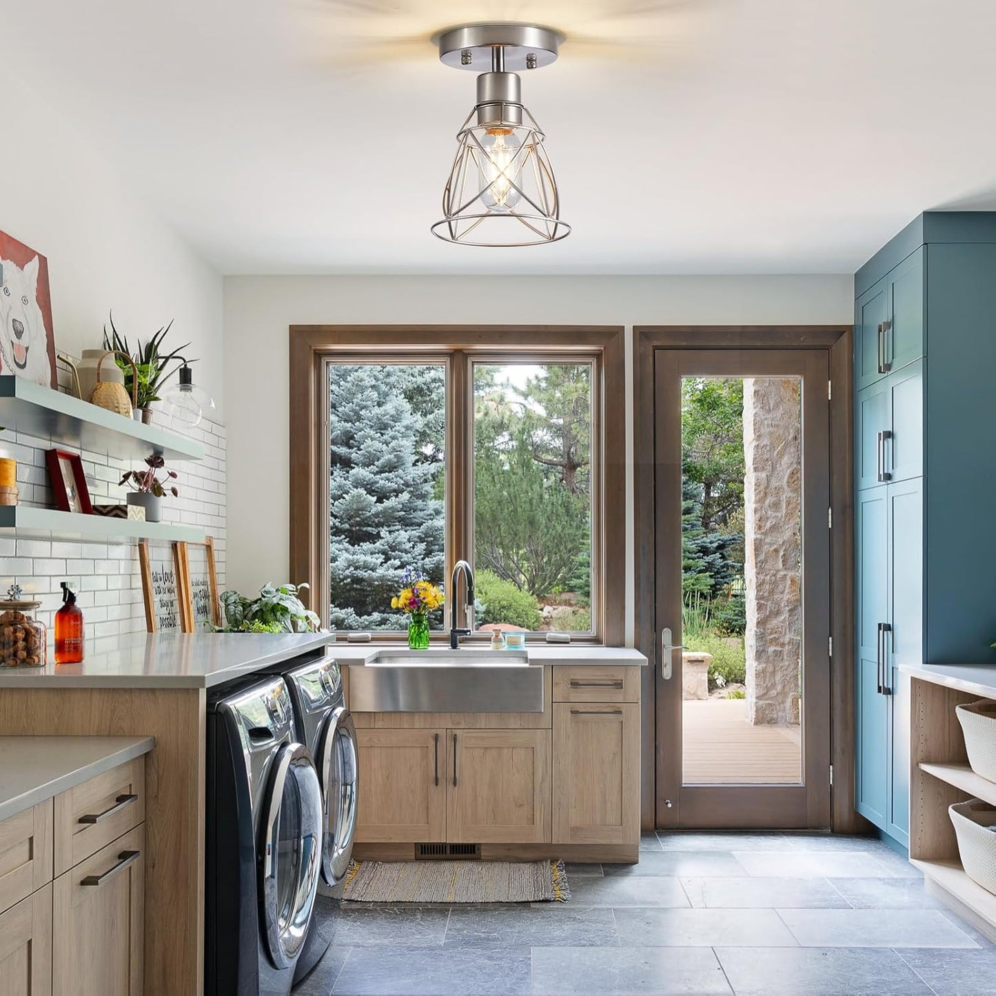 1 Light Semi Flush Mount Ceiling Light Fixture, Rustic Modern Framhouse Brushed Nickel Kitchen Ceiling Light with Metal Cage Shade for Foyer Kitchen Hallway Entryway Bedroom(1 Pack)