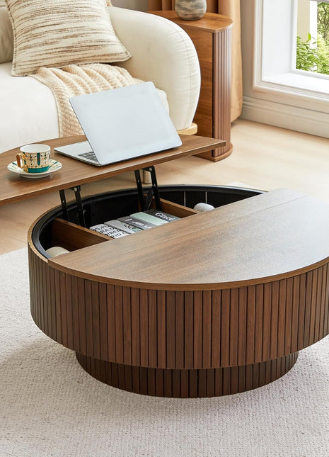 33-Inch Round Coffee Table with Lift-Top and Flip-Top Storage, Modern Fluted Design, Metal Frame, Wooden Center Table for Living Room, Small Spaces, Apartments, and Offices (Walnut)