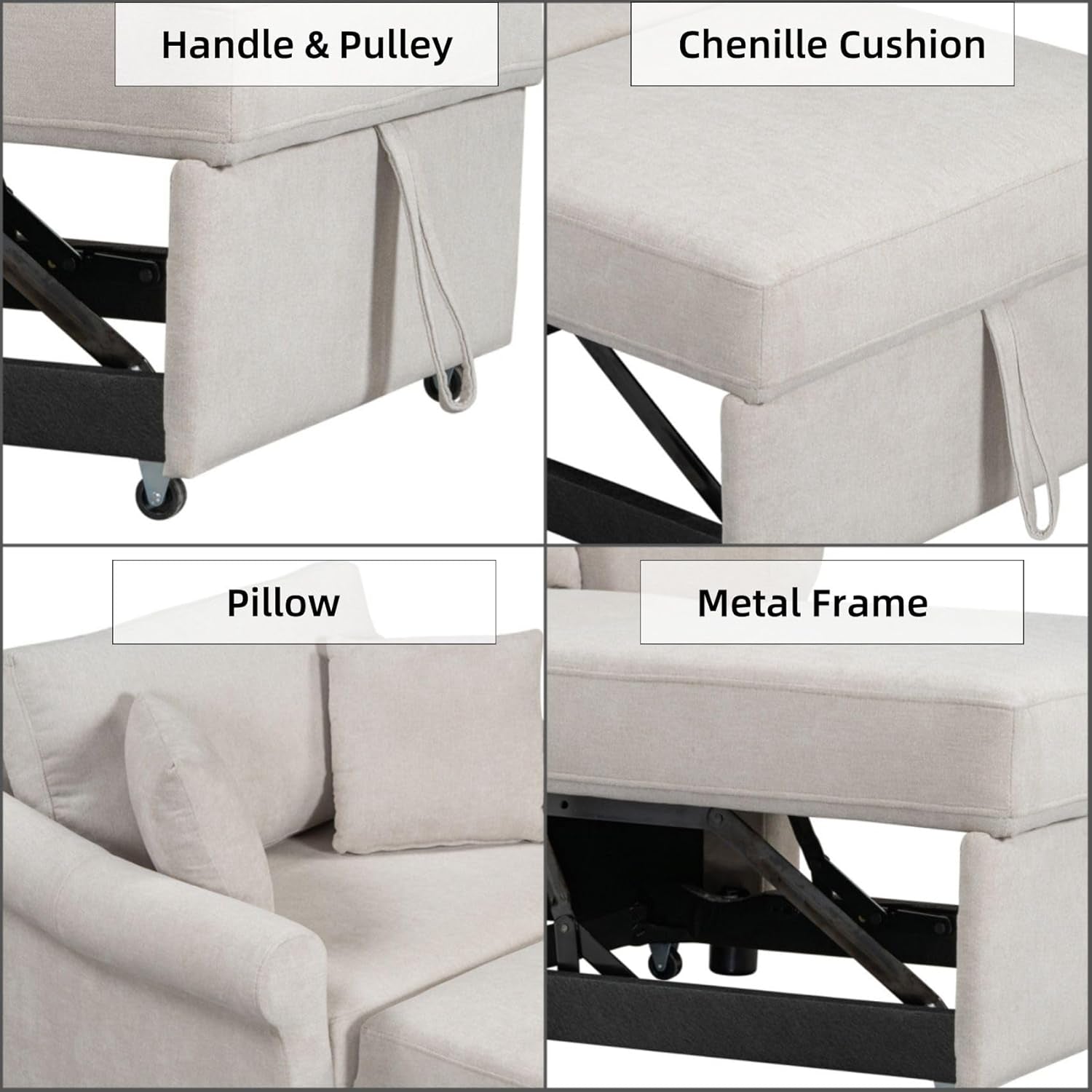 Chenille Convertible Sleeper Chair with Pillow & Adjustable Backrest, Adult 3 in 1 Lounger Sofa Turns into Chaise Lounge Recliner Single Bed for Living Room Balcony Bedroom Office, Beige