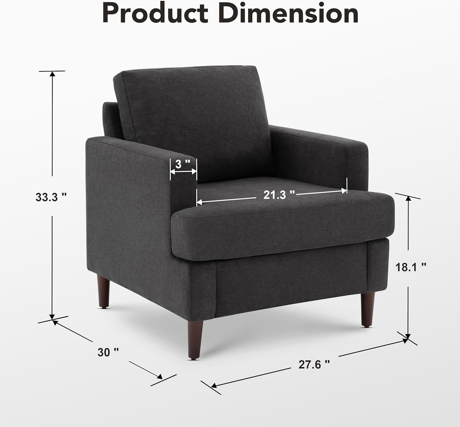 Mid-Century Accent Chair,Modern Linen Fabric Armchair for Living Room,Comfy Upholstered Reading Accent Chairs for Bedroom,Single Sofa Chair with Wood Legs (Dark Grey, 1 Pack)