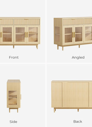 59-Inch Modern Sideboard Buffet Cabinet with Drawers, Adjustable Shelves, and Tempered Glass Doors - Oak Wood Coffee Bar for Kitchen and Living Room