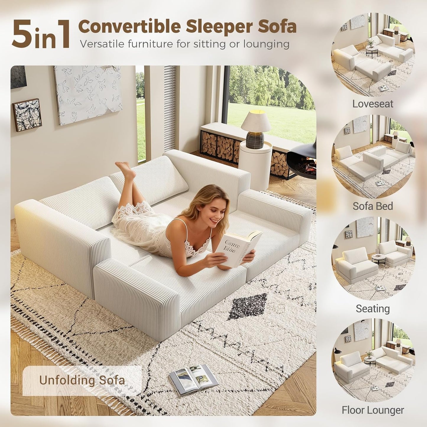 78" Convertible Loveseat Sofa, Comfort Corduroy Futon Sofa Bed, Wide Armrest, Deep Seat, No Assembly, Folding Sofa Bed for Living Room/Home Office/Apartment (Beige, Loveseat)